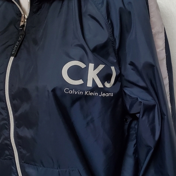 RARE Vintage 90s Calvin Klein Jeans Logo Front Full-zip Hooded Windbreaker Med - Picture 6 of 14
